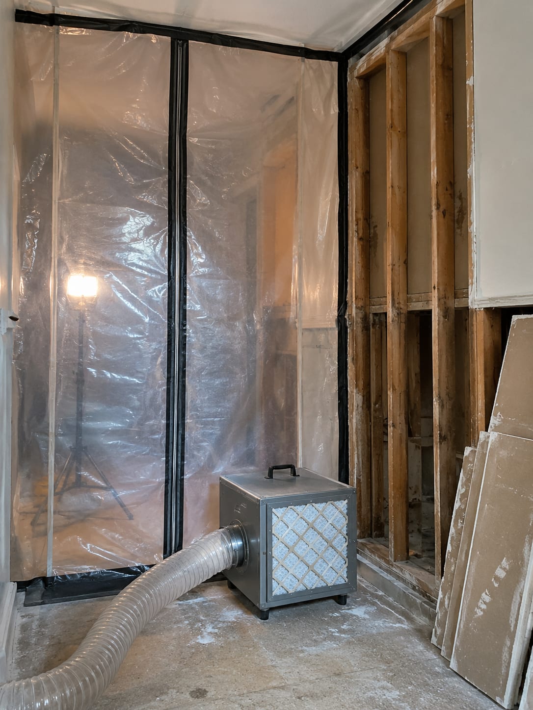 Mold remediation containment with plastic sheeting, a HEPA air scrubber, and an opened wall exposing treated studs